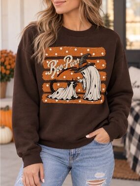 Halloween Shirt Boo Purr Ghost Cat Graphic Sweatshirt Dark Chocolate